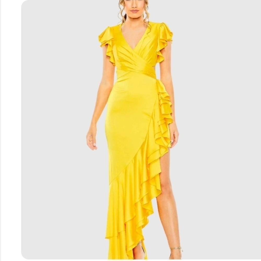 Mac Duggal Asymmetrical Yellow Ruffle Dress